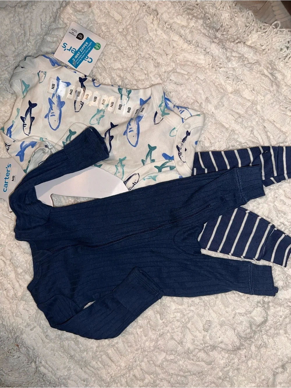 Carter's White Shark Print Newborn Sleeper with Blue Accents